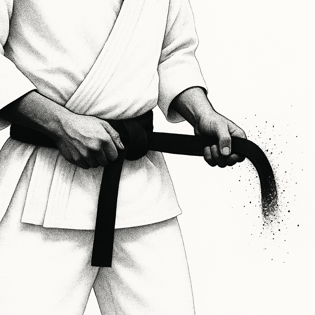 空手着で黒帯を結ぶ男性の影 椎間板ヘルニアからの復活と新たな挑戦を表現したイラスト