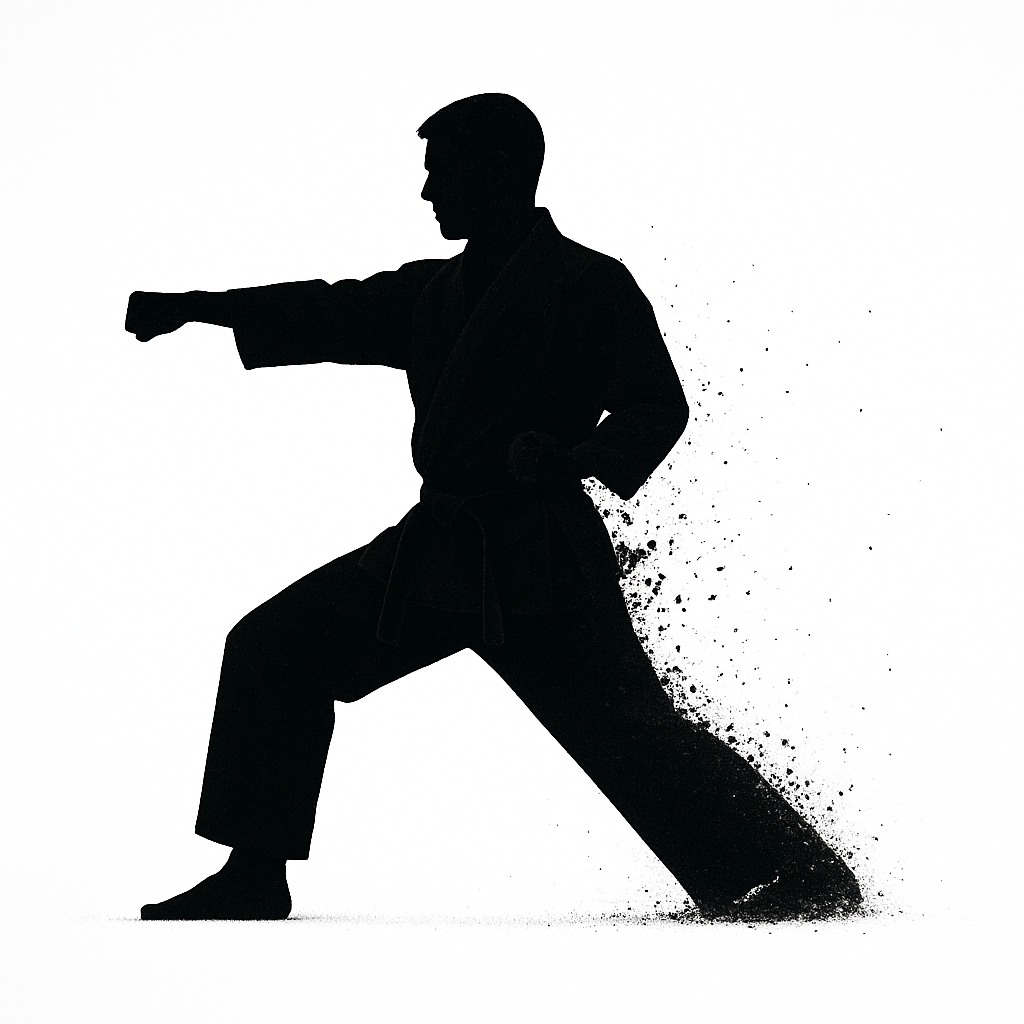 空手道着姿の男性が前屈立ちで中段突きを出す影 背後の粒子が動きと再生を表現している