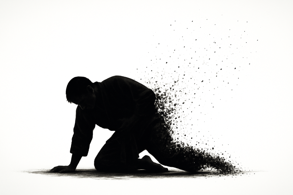 椎間板ヘルニアの激痛で眠れず横たわる男性 腰と脚に響く神経痛を表現したイラスト