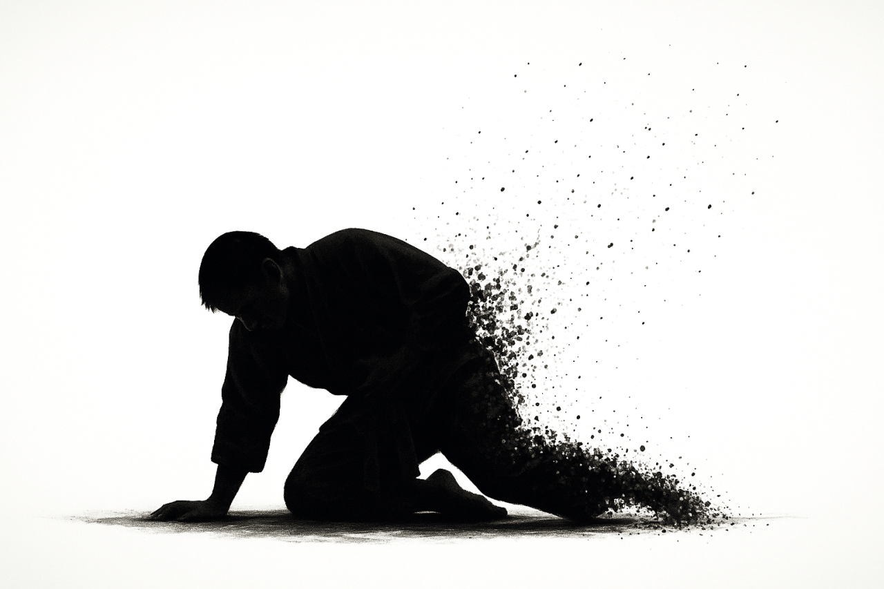 椎間板ヘルニアの激痛で眠れず横たわる男性 腰と脚に響く神経痛を表現したイラスト