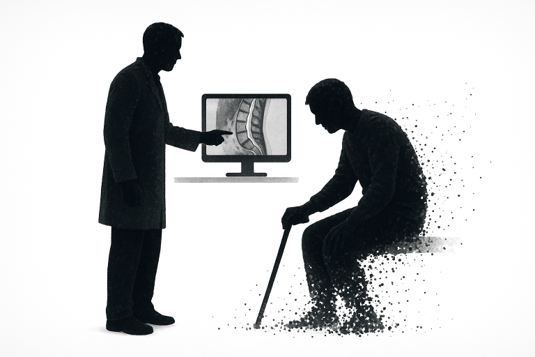 椎間板ヘルニアの検査結果を医師から説明され 杖をつき座る男性の不安な姿を描いたイラスト