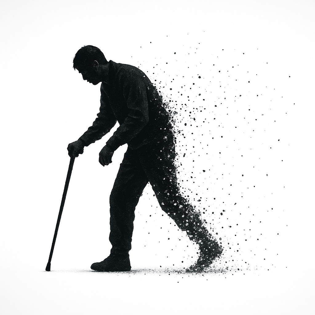 杖をつき痛みに耐えながらゆっくり歩く男性のシルエット 回復の兆しを象徴している