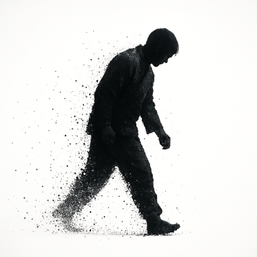 椎間板ヘルニアの痛みを抱えながら前へ進む男性の影 回復への歩みを描いたイラスト