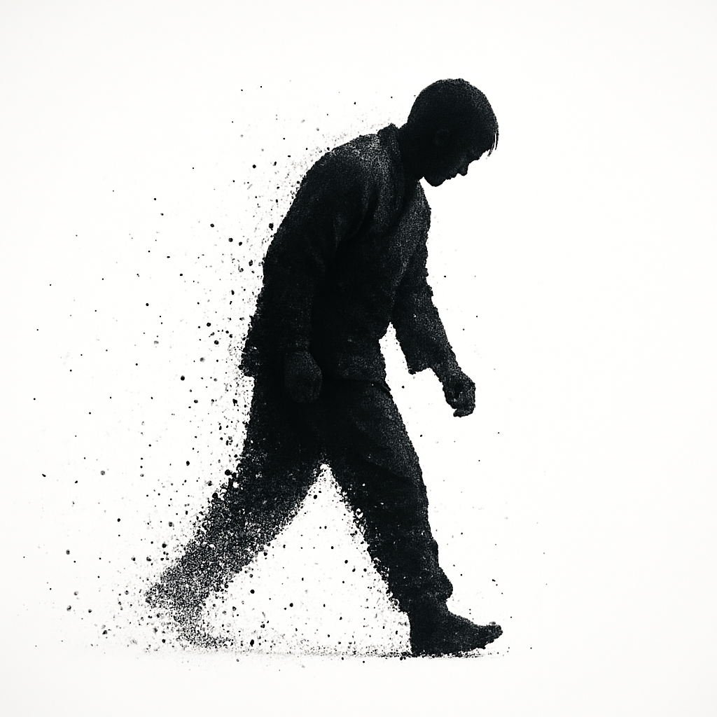 椎間板ヘルニアの痛みを抱えながら前へ進む男性の影 回復への歩みを描いたイラスト