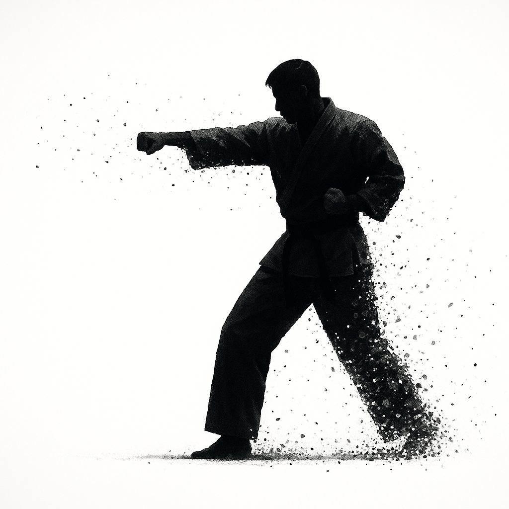 道着を着て中段突きを放つ男性のシルエット 再び道場に立ち基本動作を行う姿を象徴