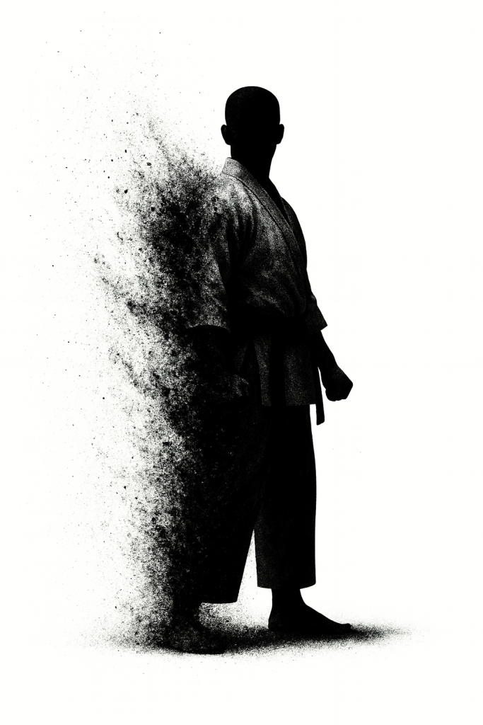 椎間板ヘルニア、腰痛、坐骨神経痛、大腿神経痛、知覚異常を克服し再び立つ武道家の影 復活と再スタートを表現したイラスト