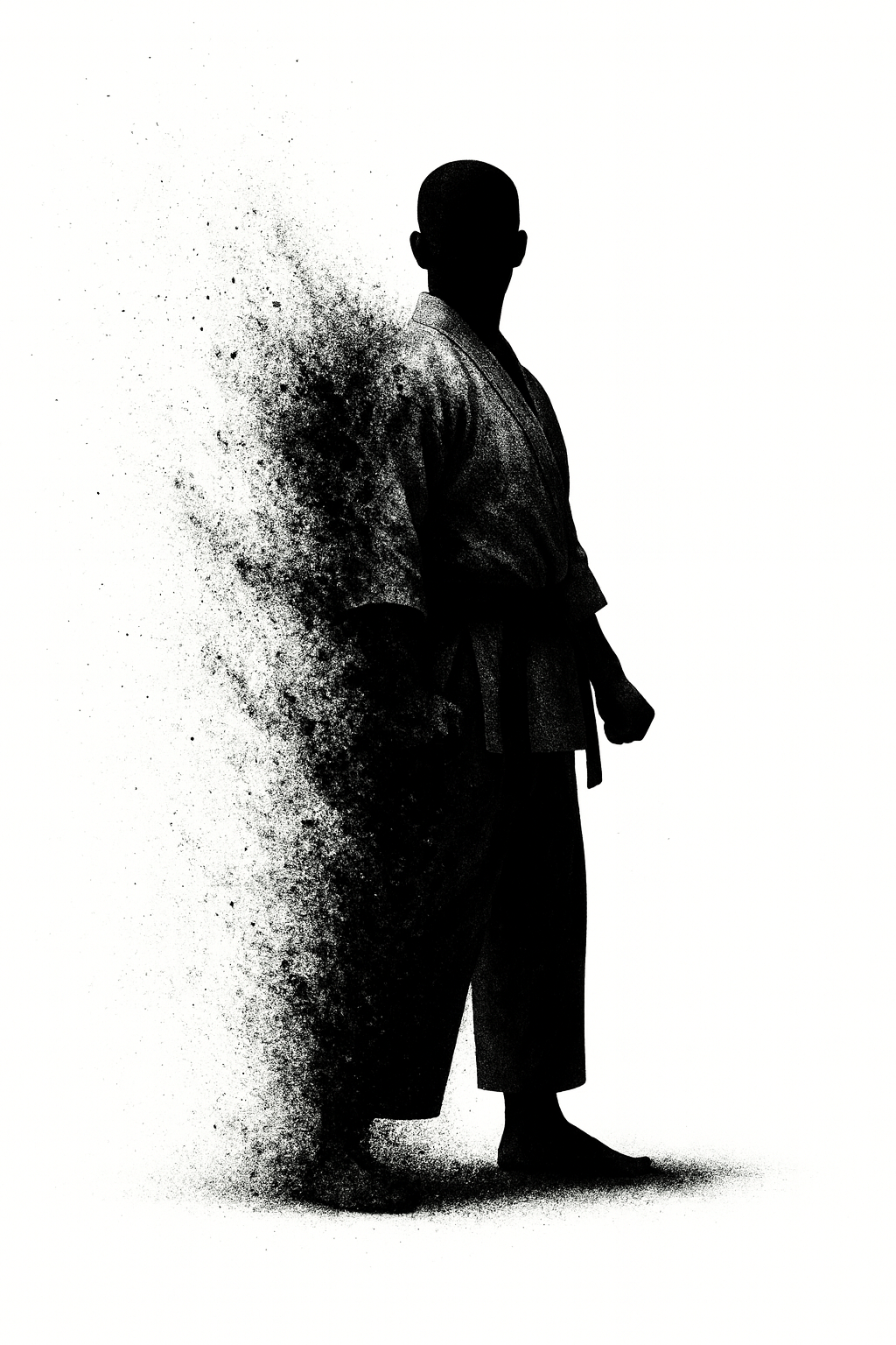 椎間板ヘルニア、腰痛、坐骨神経痛、大腿神経痛、知覚異常を克服し再び立つ武道家の影 復活と再スタートを表現したイラスト