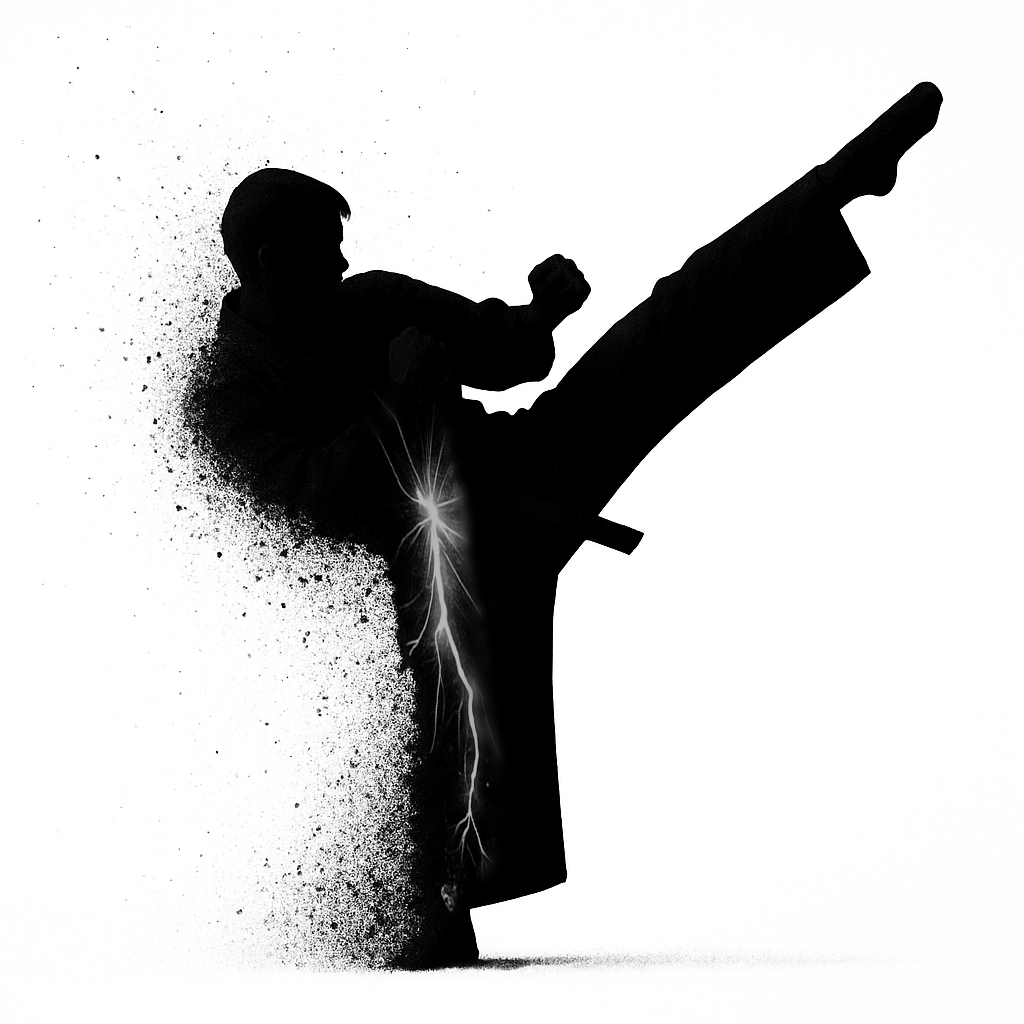 空手の上段蹴りをする男性のシルエット 腰に電撃のような痛みが走る椎間板ヘルニアの描写