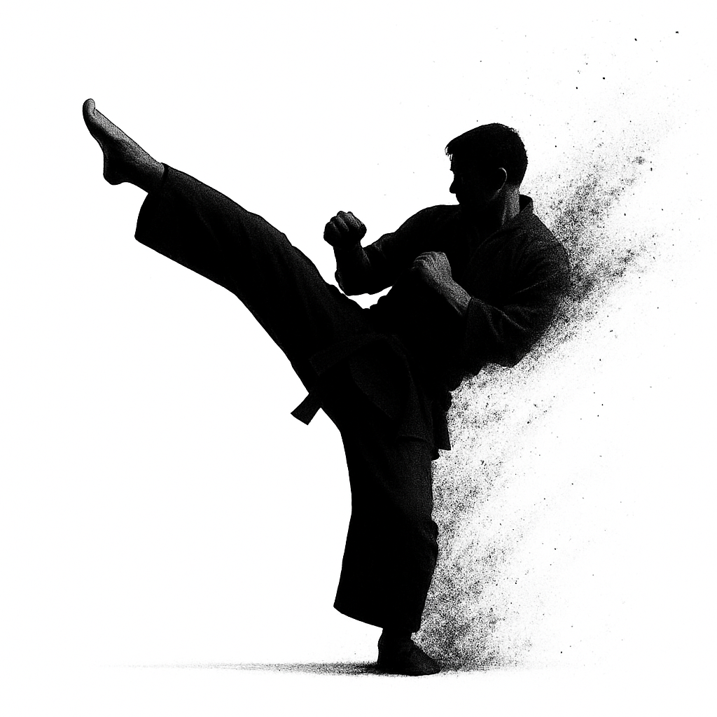 高い蹴り技を放つ男性のシルエット 全国大会の舞台で戦う姿と挑戦を続ける強さを象徴